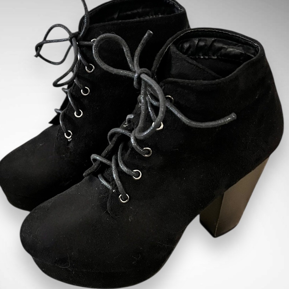 FOREVER CAMILLE-86 Black Stacked Chunky Heel Platform Lace Up Ankle Boots | EUC